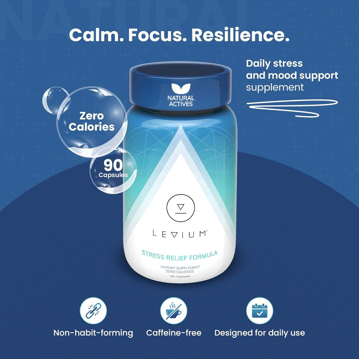 Levium Stress Supplement for Calm & Mood Support | Ashwagandha KSM-66, Magnesium, L-Theanine & GABA | Supports Mental Focus & Relaxation | Non-Habit Forming | 90 Capsules