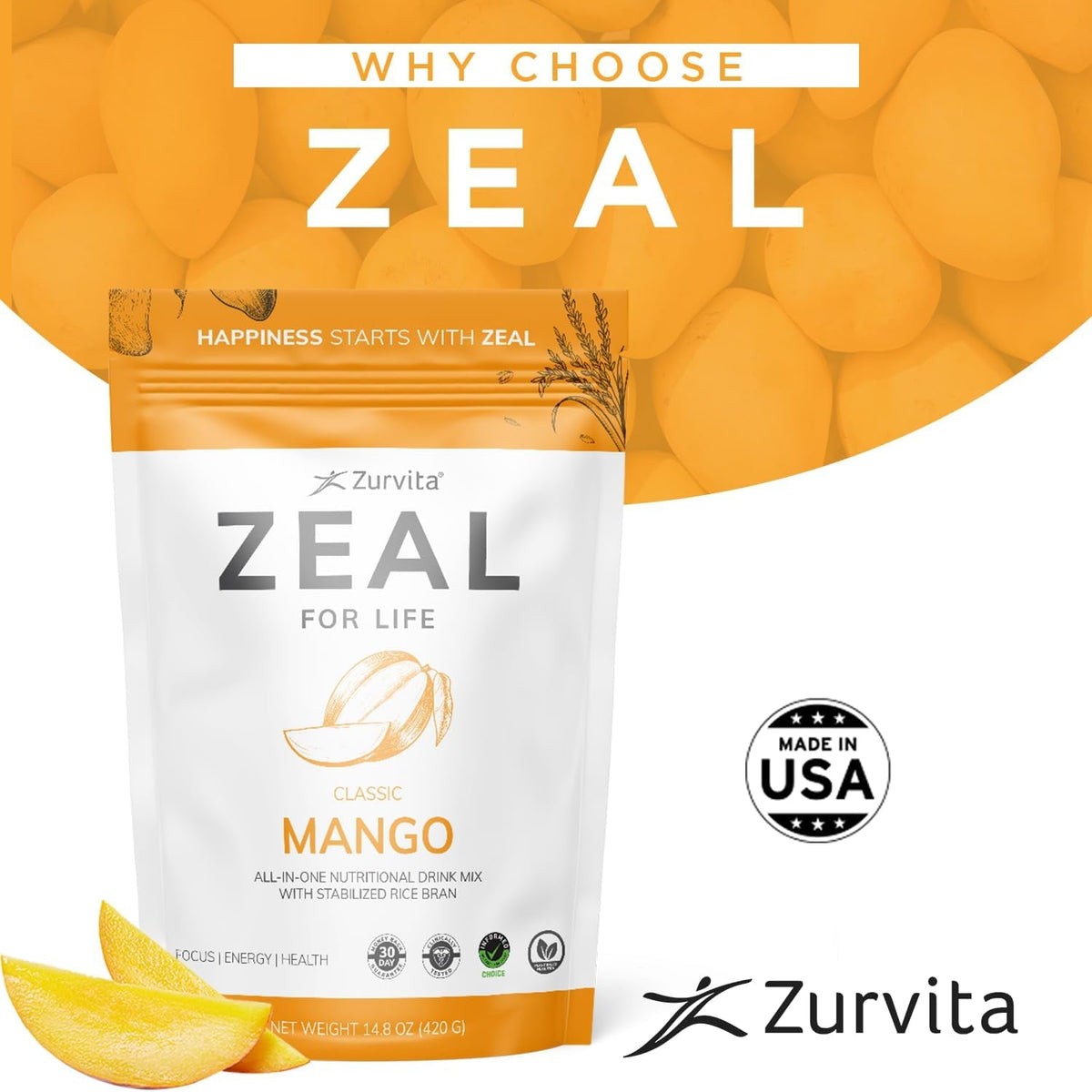 Zurvita Zeal for Life Wellness Drink Mix - Mango Flavor - Gluten-Free, Vegan, with Biotin, Vitamins B12, C, D, E, Iron, Magnesium - 30 Servings (420G)