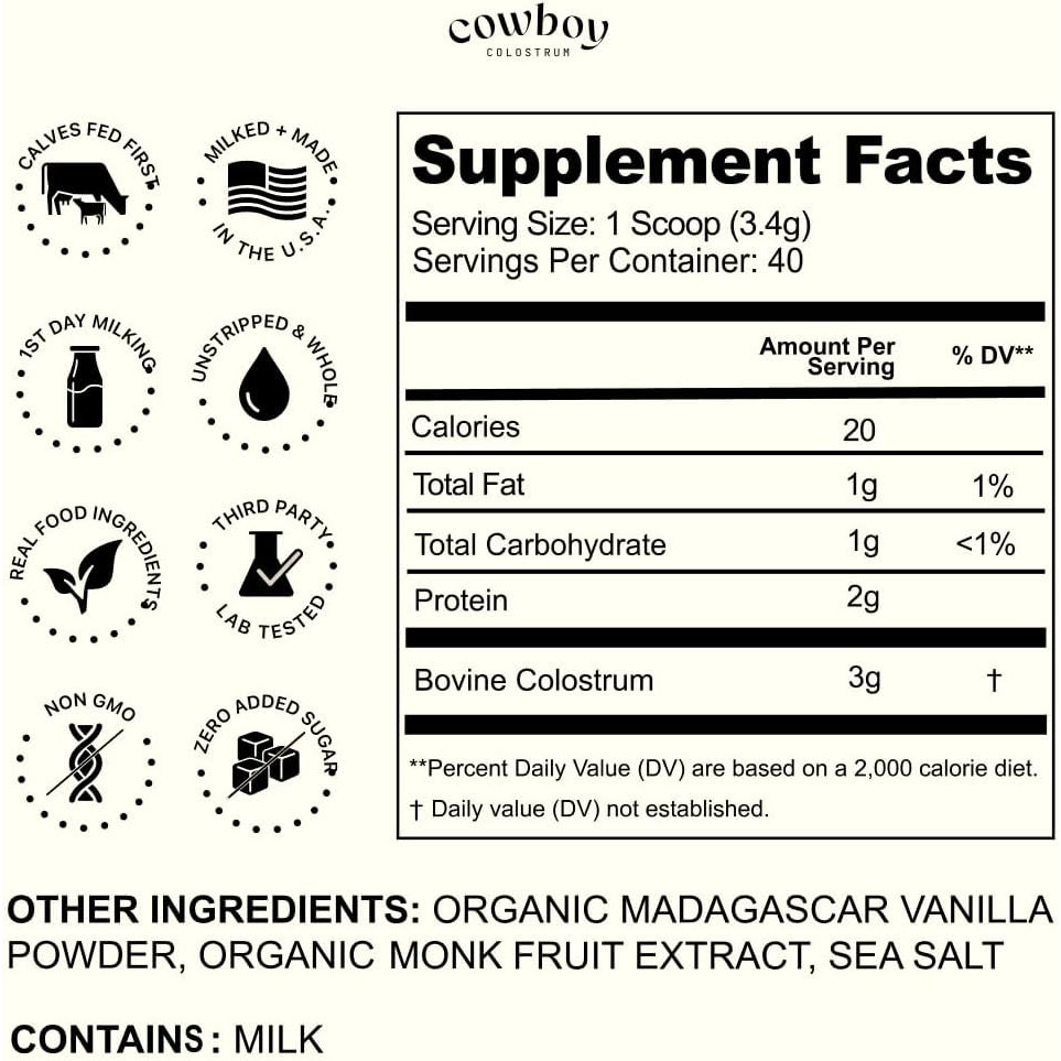Cowboy - the Exclusive 1St Milking, Whole, Grass Fed Colostrum Supplement for Full Body Health - Bovine Colostrum Powder Packed W/Bioactive Nutrients - Sugar Free (Vanilla, 40 Servings)