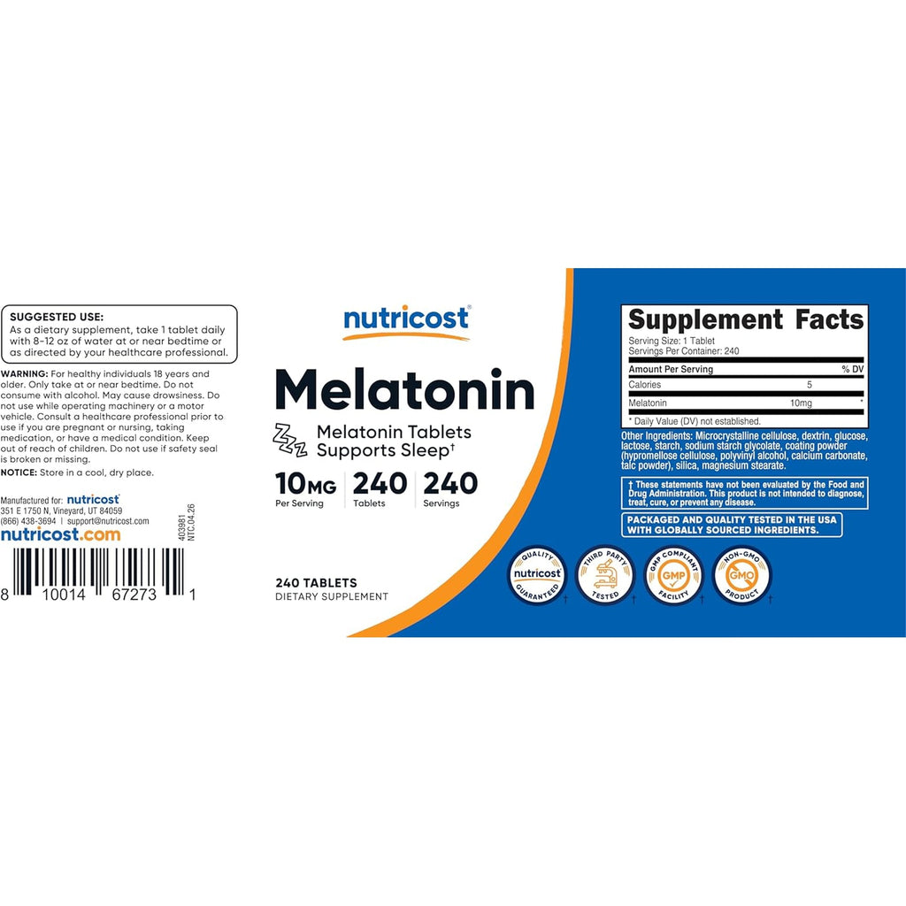 Nutricost Melatonin 10Mg, 240 Tablets - 10Mg per Serving, Non-Gmo, Gluten Free