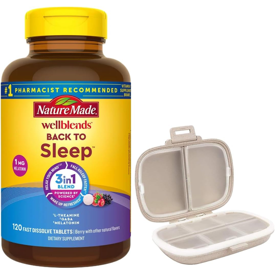 Nature Made Wellblends Back to Sleep, 120 Fast Dissolve Tablets, Lower Dose Melatonin 1 Mg, L Theanine 100 Mg and GABA 100Mg, Sleep Supplement, Bundle with a Pill Oragnizer (2 Items)
