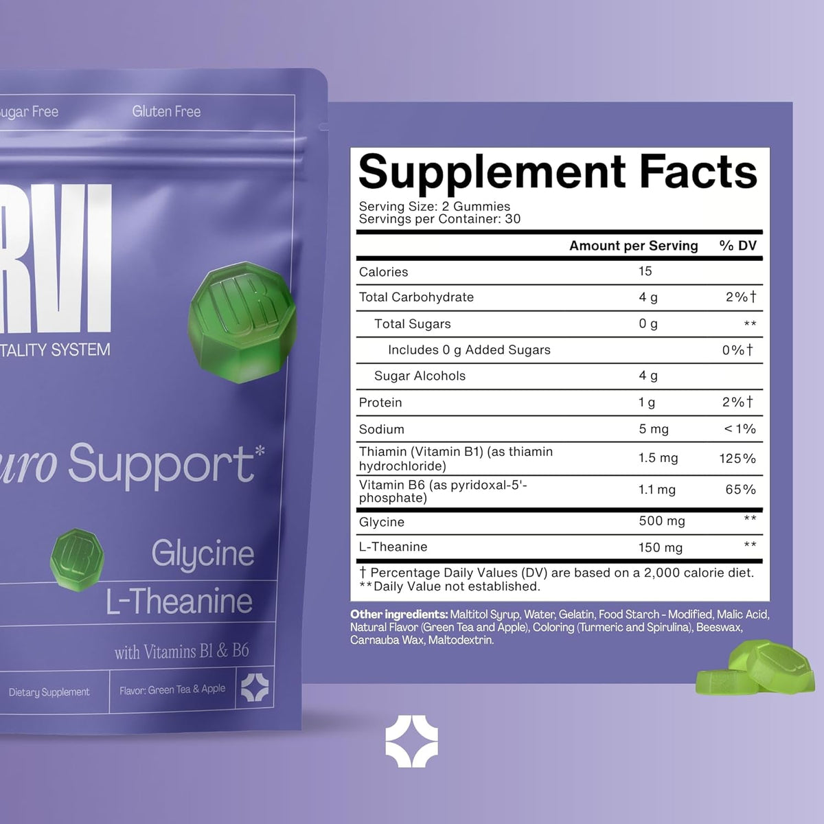 URVI® Neuro Gummies – 500Mg Glycine, 150Mg L-Theanine (High Potency), Vitamins B1 & B6 for Rest & Sleep, Relaxation, Calm Focus, Stress Relief – Caffeine- & Sugar-Free– Green Tea & Apple – 60 Count