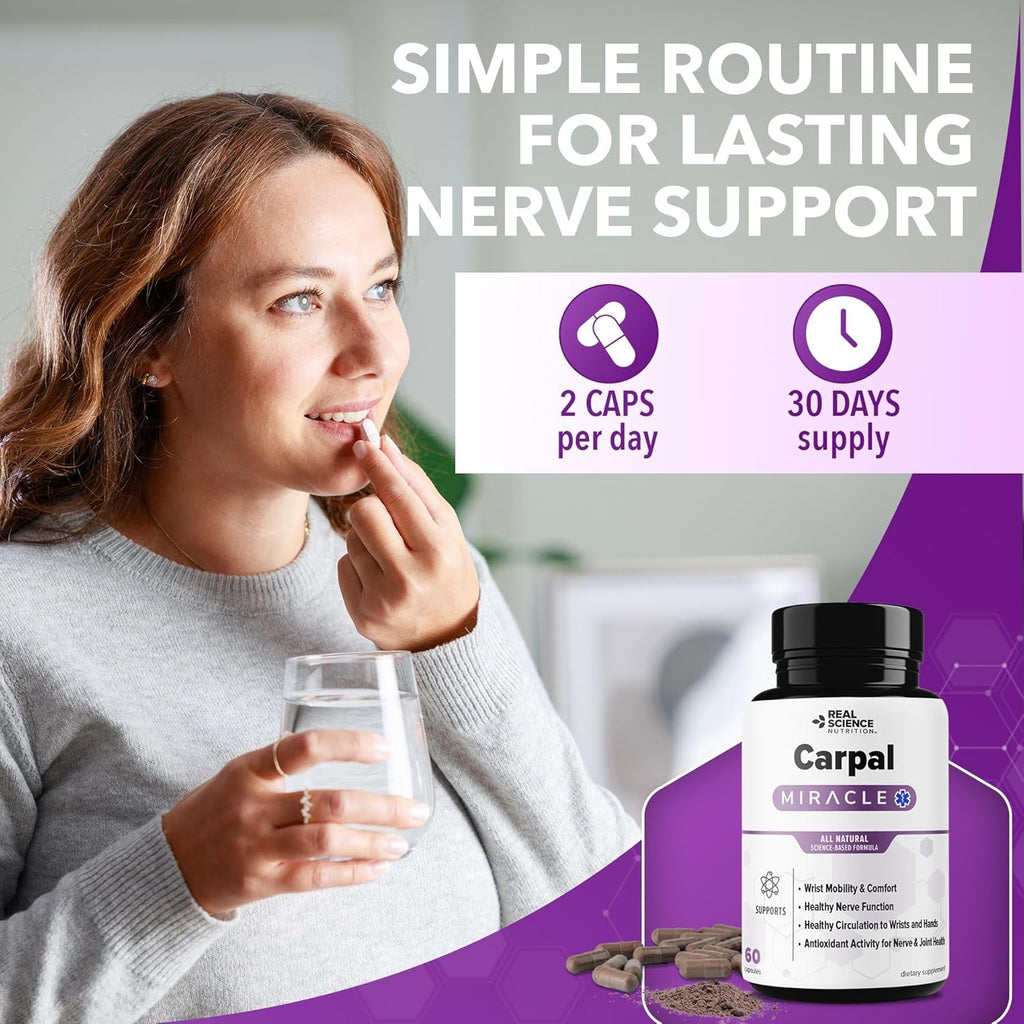 Real Science Carpal Miracle – All Natural Carpal Tunnel Relief & Wrist Support Supplement with Vitamins B6, B12, C, D, K + GABA – Hand & Nerve Comfort – Made in USA, 60 Caps