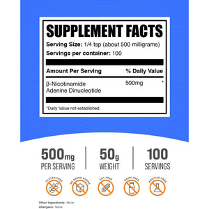 Bulksupplements.Com NAD Powder - Nicotinamide Adenine Dinucleotide, NAD Supplement 500Mg - for Energy Support, Pure & Gluten Free, 500Mg per Serving, 50G (1.8 Oz) (Pack of 1)