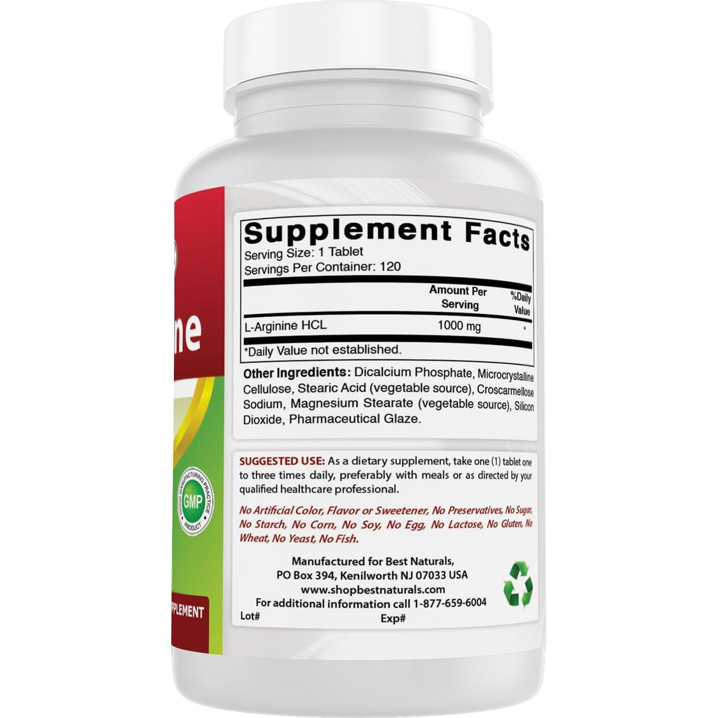 (New Improved Formula) Best Naturals L-Arginine 1000 Mg 120 Tablets - Pharmaceutical Grade L Arginine Supplement Promotes Nitric Oxide Synthesis