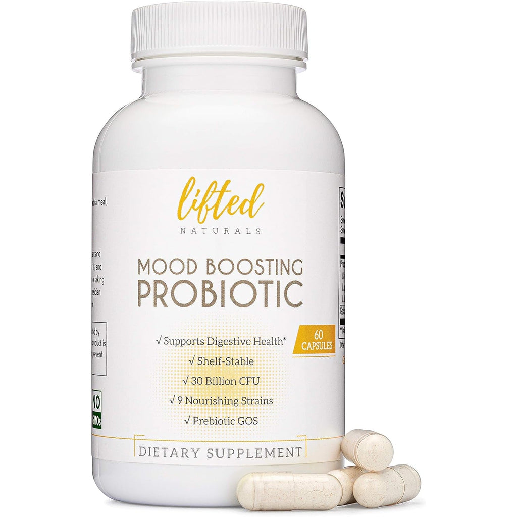Lifted Naturals Mood Boosting Probiotic 30 Billion CFU - Mood Support Supplement, Prebiotics and Probiotics for Women & Men, Acidophilus Lactobacillus Probiotic, Shelf Stable & Non-Gmo, 60 Capsules