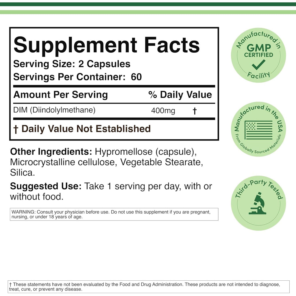 DIM Supplement for Women and Men (Diindolylmethane Estrogen Blocking Supplement, Hormonal Acne Treatment, Hormone Balance for Women) 400Mg Servings, 200Mg per Capsule, 60 Capsules by Double Wood
