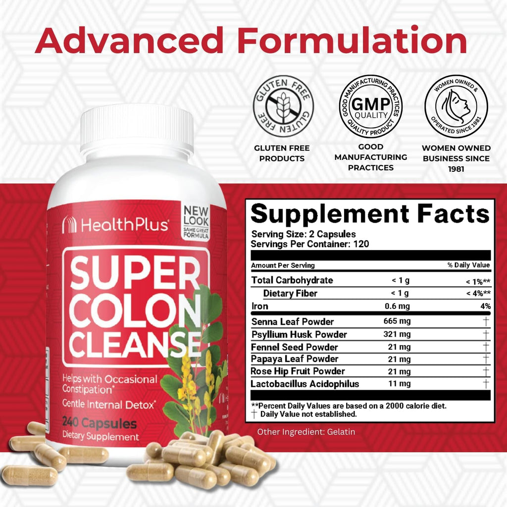 Health plus Super Colon Cleanse 60 Day Supply of Gentle Gut Cleanse Detox, Psyllium Husk, Probiotics for Constipation Relief & Digestive Support, 240 Capsules