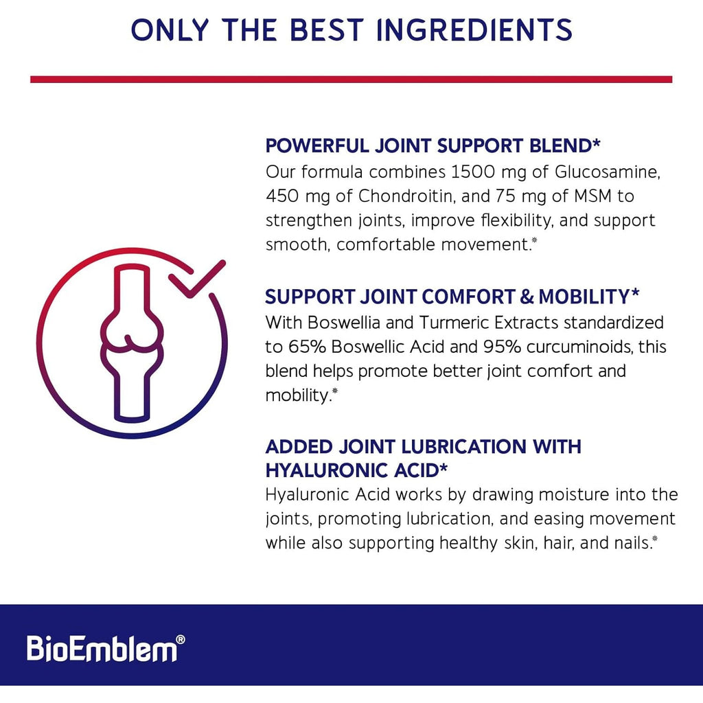 Bioemblem Glucosamine Sulfate 1500Mg with Chondroitin & MSM, Joint Support Supplement with Boswellia, Turmeric & Hyaluronic Acid, Supports Mobility, Flexibility & Cartilage Health, Non-Gmo, 90 Caps
