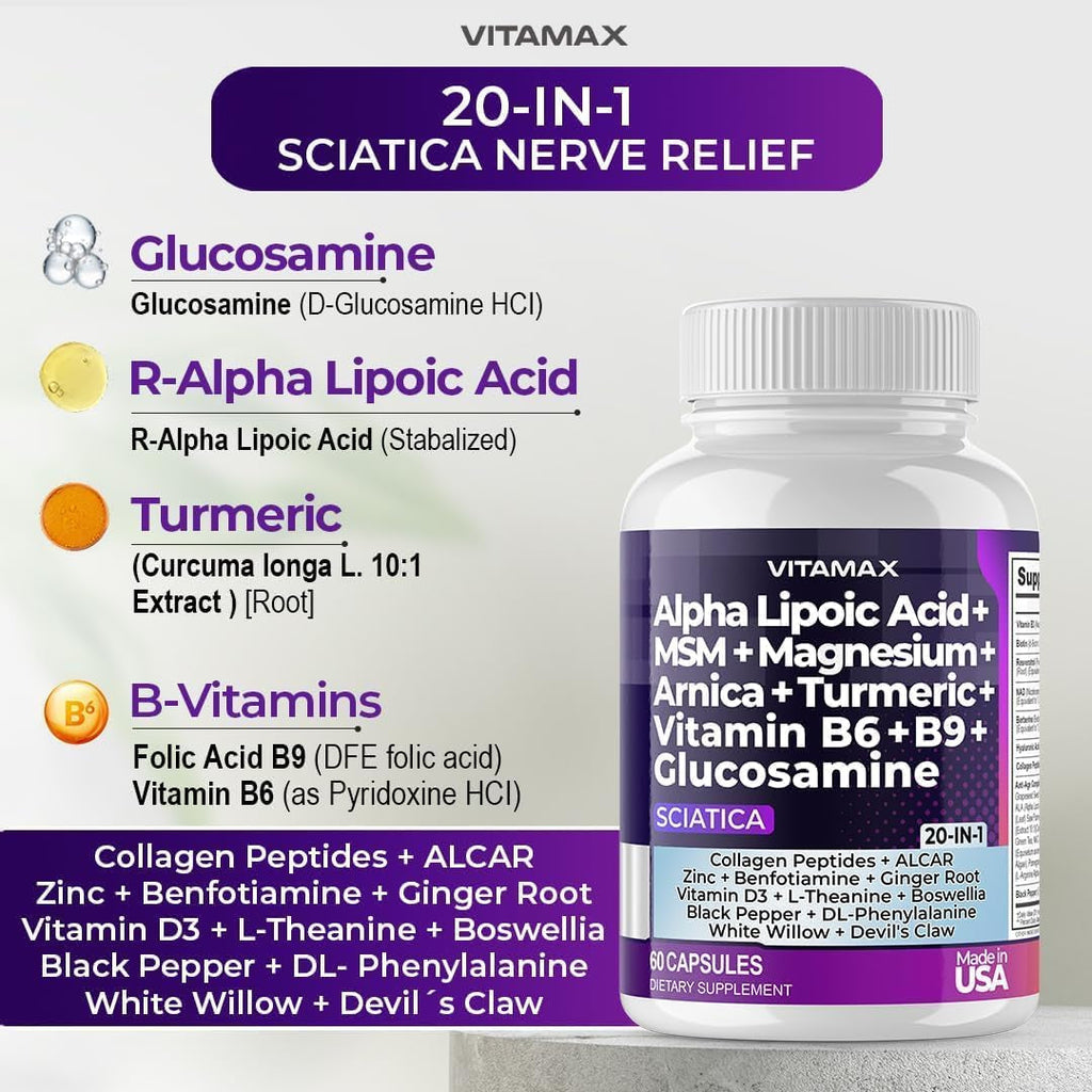 Sciatic Nerve Health Support - Sciatic Nerve Supplement Capsules with Folic Acid, Pea, Glucosamine, MSM, Vitamin B Complex, Alpha Lipoic Acid 300Mg – 60Ct – Made in USA