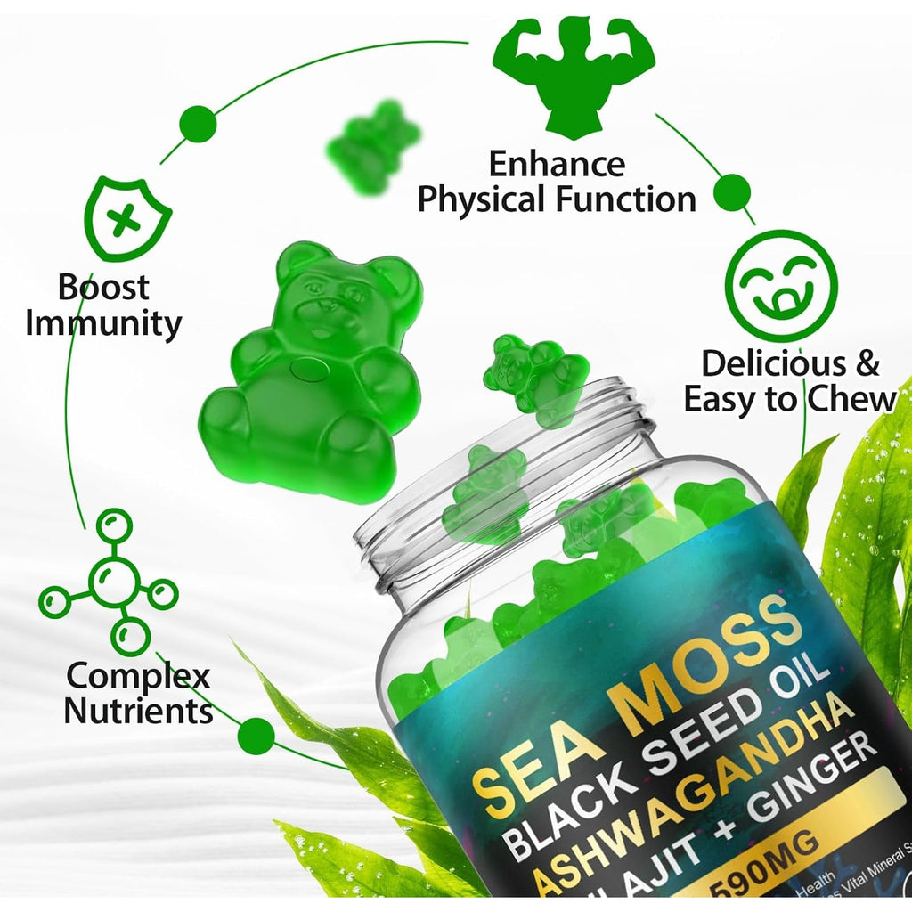 Sea Moss Gummies,With Elderberry Black Seed Oil,Ashwagandha&Ginger,Natural Irish Sea Moss for Immunity & Energy Supplement for Women,Men,Extra Strength,Great Tasting (1 Pack)