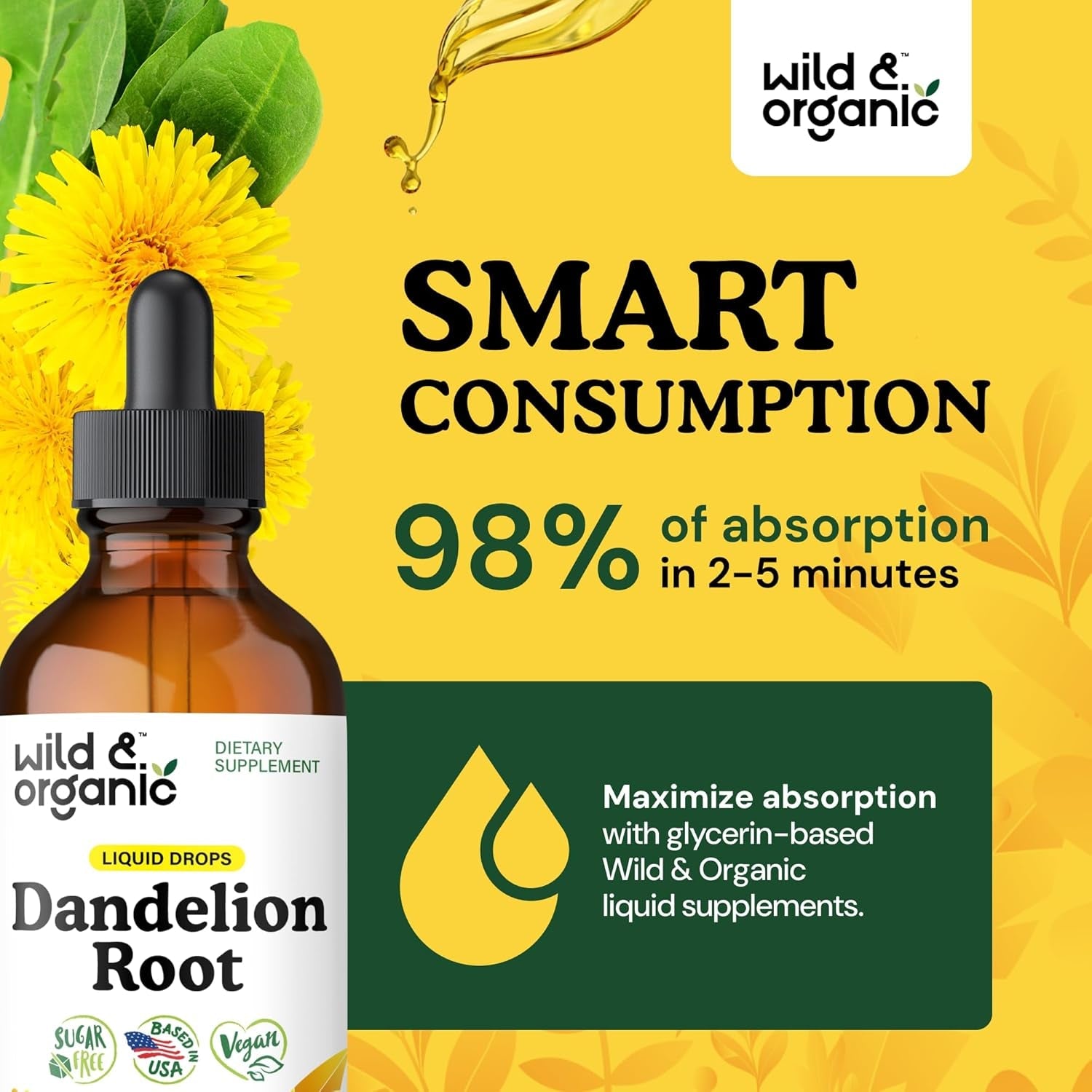 Wild & Organic Dandelion Root Extract Drops - Liver Cleanse Detox - Herbal Dandelion Tincture - Liver Support Supplement - Add to Tea - Vegan, Sugar & Alcohol-Free Liquid Drops - 4 Fl Oz