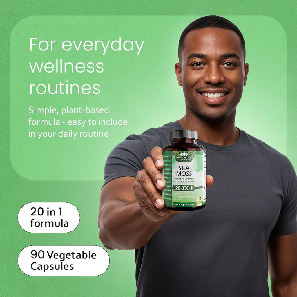 Sea Moss, Black Seed Oil, Bladderwrack, Turmeric, Ashwagandha, Burdock, Vitamin C, D3, Yellow Dock Root, Manuka, Dandelion - 90 Veggie Caps