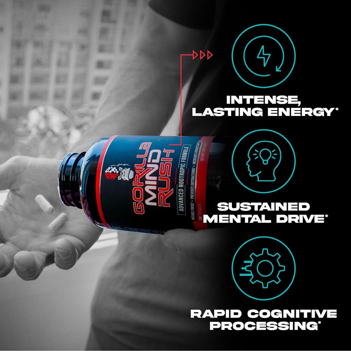 Gorilla Mind Rush - Nootropic Supplement | Intense Focus · Insane Productivity Cognitive Health Support, Memory, Focus, Concentration, Clarity | 150 Capsules