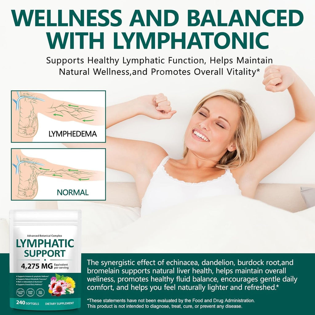 Lymphatic Drainage Supplements, 240 Softfels, 21-In-1 Natural Herbal Blends with Echinacea, Dandelion, Burdock Root for Lymph System, Immune Support, Cleanse, Less Swelling/Bloating