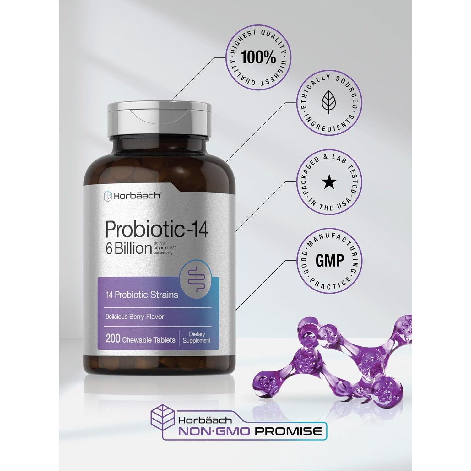 Horbäach Probiotics 6 Billion Cfus | 200 Chewable Tablets | Berry Flavor | 14 Probiotic Strains | Vegetarian, Non-Gmo & Gluten Free Supplement for Men & Women
