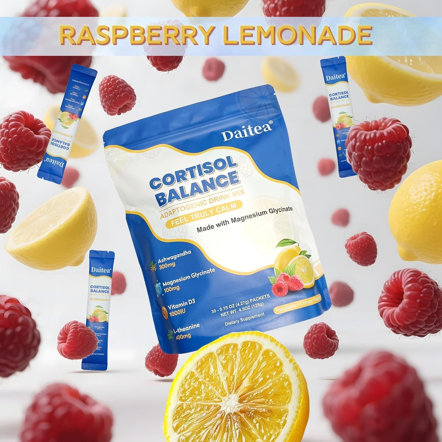 Cortisol Calm Drink Mix with Magnesium Glycinate Powder, L-Theanine, Vitamins, and Ashwagandha for Relaxation & Focus | Adaptogen Drink & Cortisol Support | 30 Packets (Raspberry & Lemon Flavor)