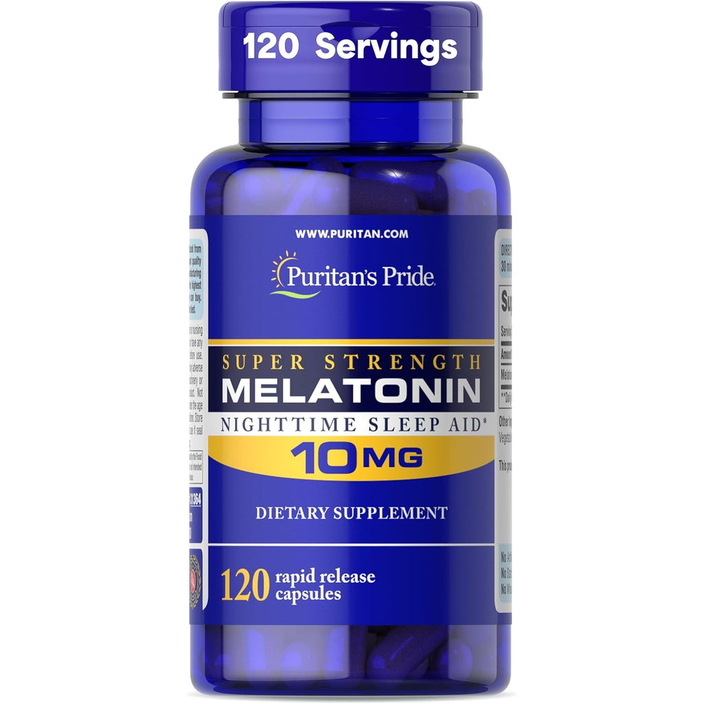 Puritan'S Pride Premium Super Strength Melatonin 10Mg Sleep Aid, Dietary Supplement for Sound, Restful, and Longer Sleep Support, 4 Month Supply, 120 Rapid Release Capsules (Packaging May Vary)