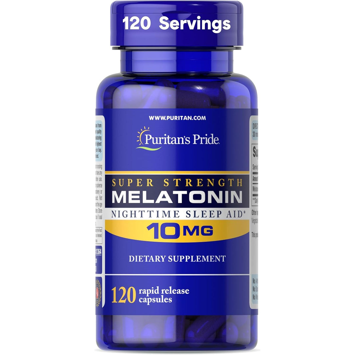 Puritan'S Pride Premium Super Strength Melatonin 10Mg Sleep Aid, Dietary Supplement for Sound, Restful, and Longer Sleep Support, 4 Month Supply, 120 Rapid Release Capsules (Packaging May Vary)