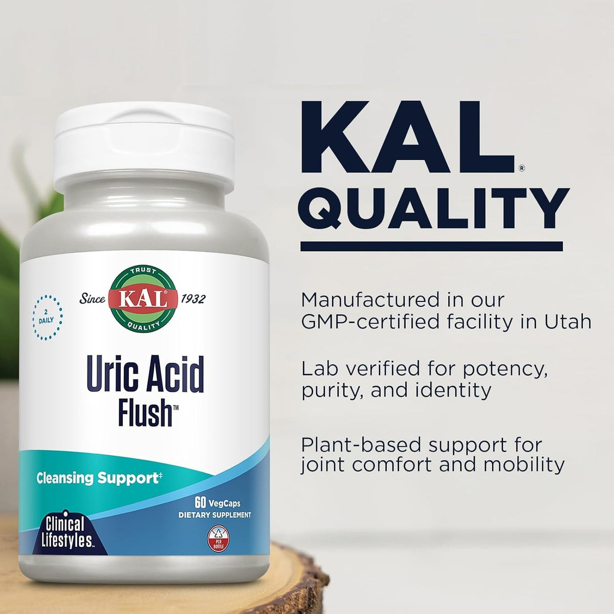 KAL Uric Acid Flush, Joint Health Supplement with Tart Cherry Extract, Celery Seed and Turmeric Extract, Joint Comfort and Mobility Support, Lab Verified, 60-Day Guarantee, 30 Servings, 60 Vegcaps
