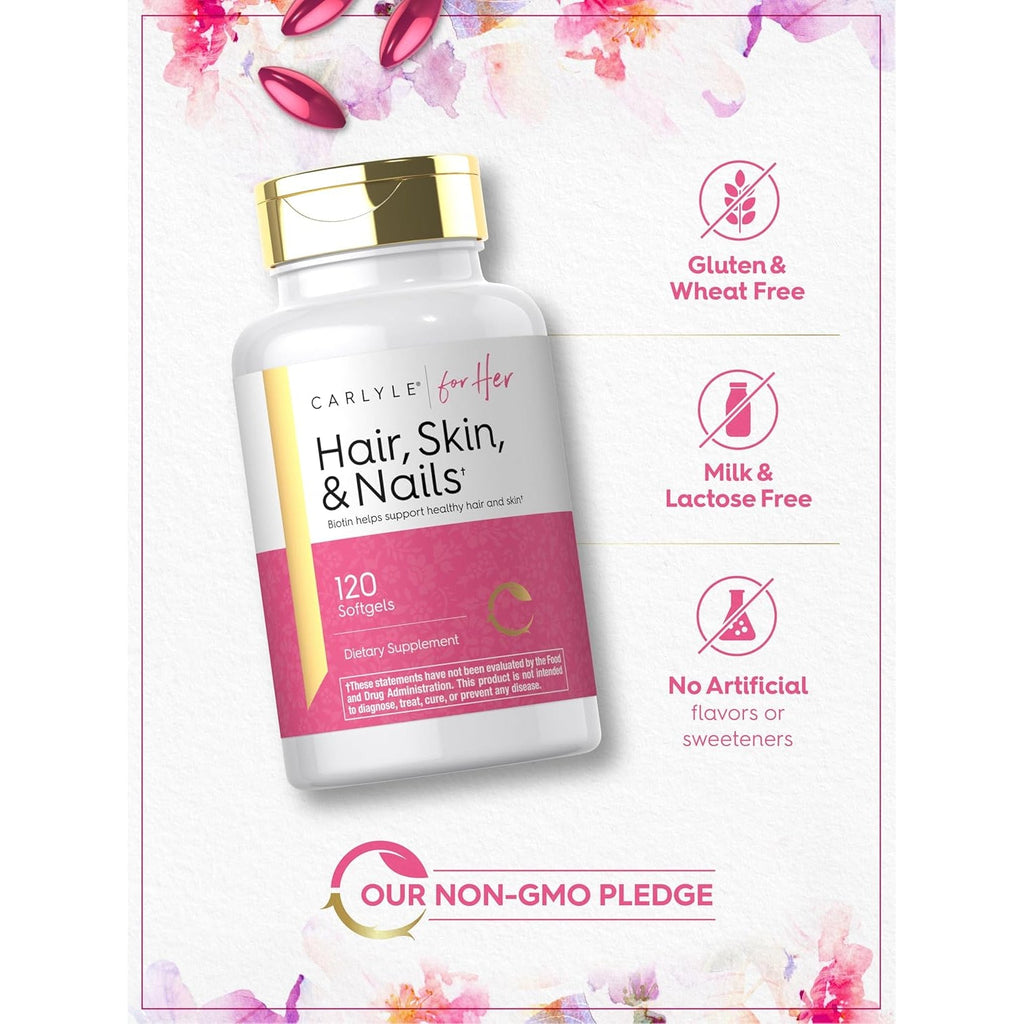 Carlyle Hair Skin and Nails Vitamin | 120 Softgels | Beauty Formula Supplement | with Biotin and Collagen Zinc, Vitamin A, B6, C & E | Non-Gmo, Gluten Free