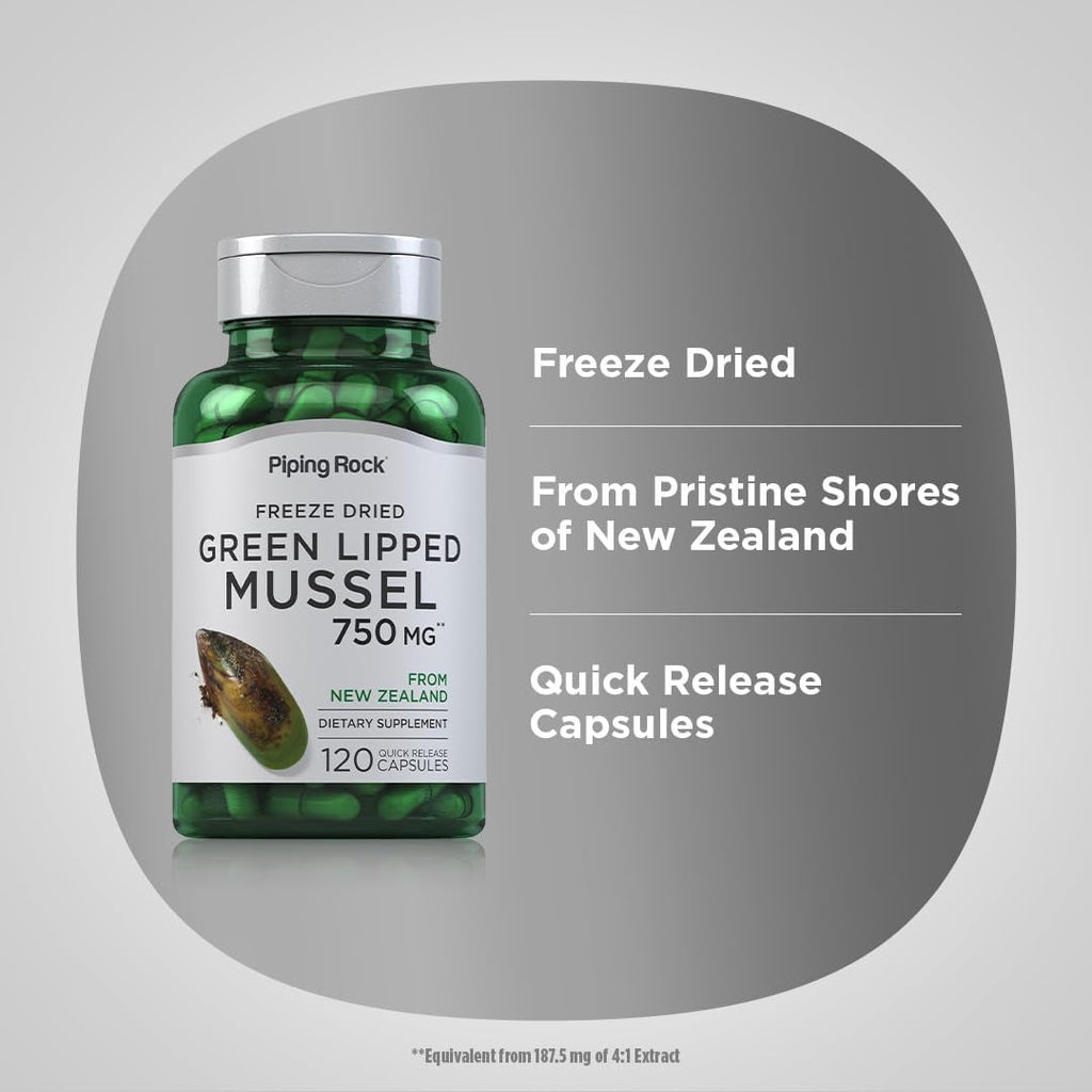 Piping Rock Green Lipped Mussel | 120 Capsules | Supplement for Humans | Freeze Dried from New Zealand | Non-Gmo, Gluten Free