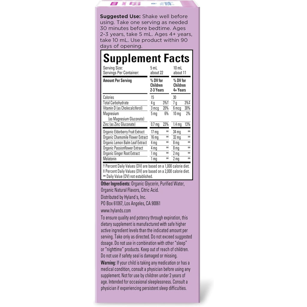 Hyland'S Kids Sleep Calm & Immunity with Melatonin, Sugar-Free Sleep Aid Liquid with Magnesium, Vitamin D, Zinc & Elderberry, Promotes Sleep & Supports Immune Health, Ages 2+, Grape Flavor, 4 Fl. Oz.