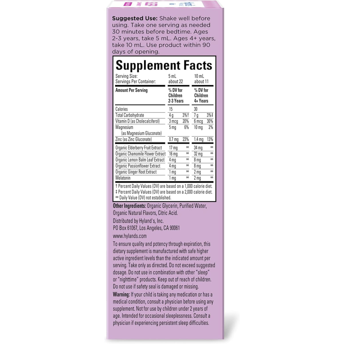 Hyland'S Kids Sleep Calm & Immunity with Melatonin, Sugar-Free Sleep Aid Liquid with Magnesium, Vitamin D, Zinc & Elderberry, Promotes Sleep & Supports Immune Health, Ages 2+, Grape Flavor, 4 Fl. Oz.