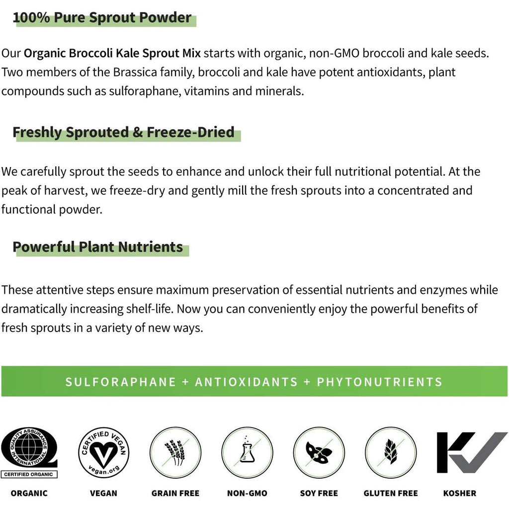 Sprout Living Broccoli and Kale Organic Sprout Mix, Freeze Dried Superfood Greens Powder, 100% Pure, Vegan, Non-Gmo, Gluten Free (4 Ounces, 32 Servings)