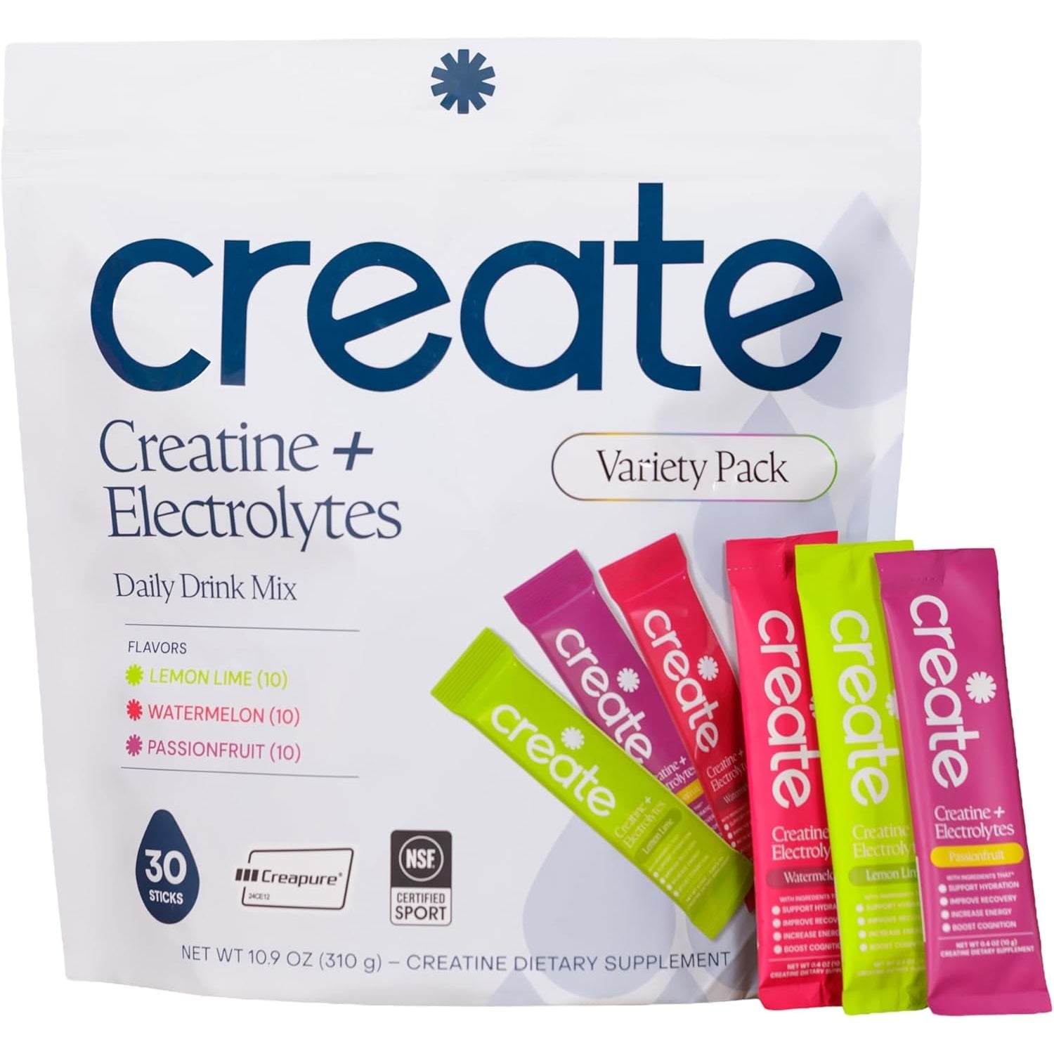 Create Creatine + Electrolytes Mix - Creatine Monohydrate Stick Packs, Supports Energy and Hydration, NSF Certified for Sport, 30 Count, Variety Pack