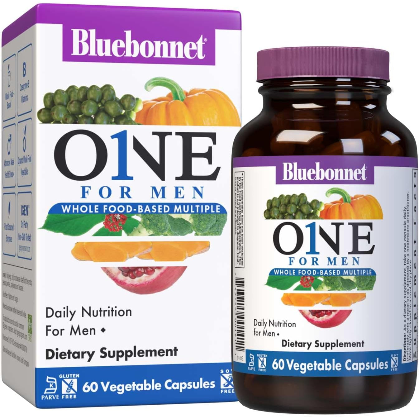 Bluebonnet Nutrition Men’S One Vegetable Capsule, Whole Food Multiple, K2, Organic, Energy, Vitality, Non-Gmo, Gluten, Soy & Milk Free, Kosher, 3 Month Supply, 90 Count
