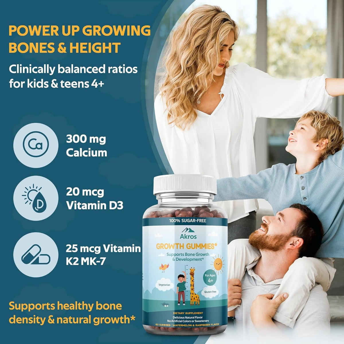 Akros Growth Gummies for Kids & Teens | Sugar-Free Calcium + Vitamin D3 & K2 Gummies - Height & Bone Support | Ashwagandha, Spirulina, L-Arginine | Non-Gmo, Gluten-Free, 60 Raspberry-Watermelon Bears