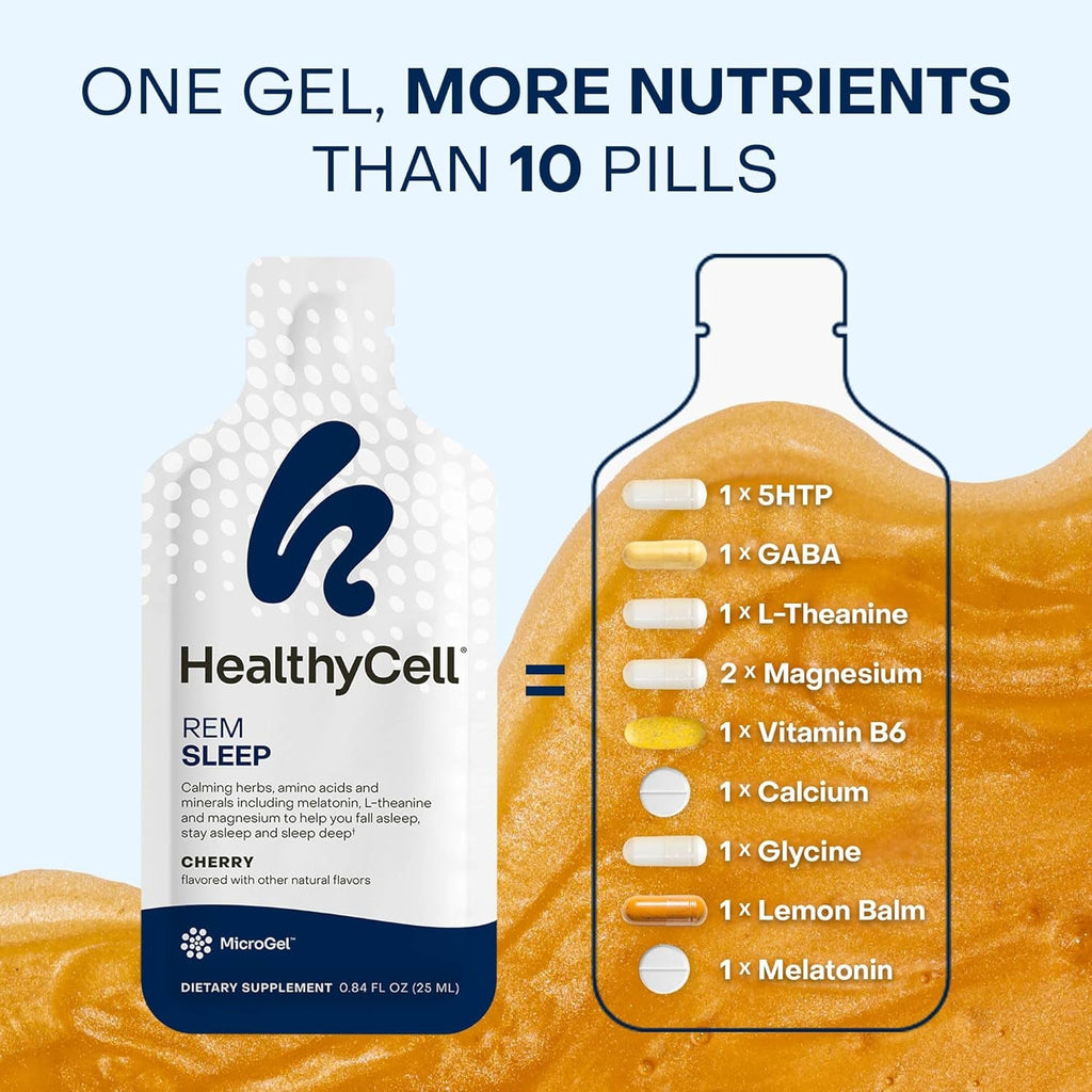 Healthycell REM Sleep Aid Supplement for Adults - Liquid Gel Extra Strength Sleep Supplement with Melatonin, Magnesium, L-Theanine, GABA & Natural Calming Herbs - 30 Gel Packs, Cherry Flavored