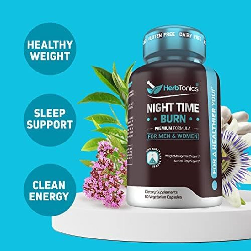 Herbtonics Night Time Burn & Sleep Complex Supports Overnight Metabolism, Stress Relief & Deep Sleep. Includes Melatonin, Valerian and Green Tea – Vegan Bedtime Weight Management (120 Capsules)