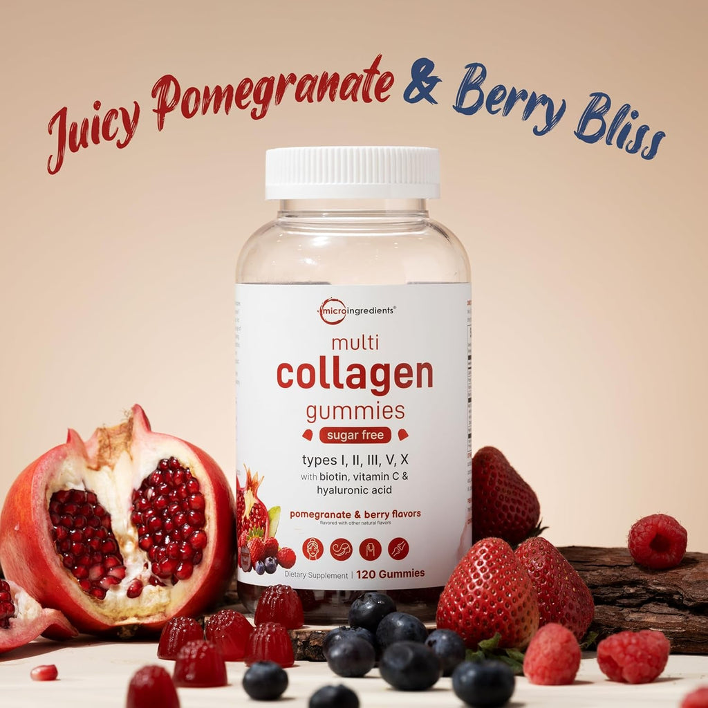 Micro Ingredients Multi Collagen Peptides, 120 Collagen Gummies | Type I,II,III,V,X Protein with Biotin, Hyaluronic Acid, & Vitamin C Complex | Pomegranate & Berry Flavored | Sugar Free, Non-Gmo