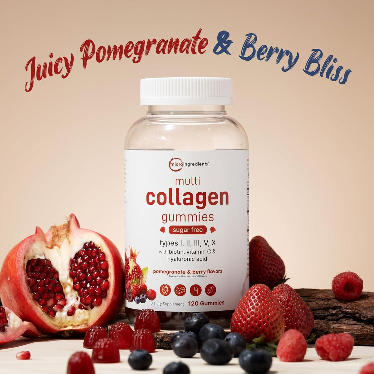 Micro Ingredients Multi Collagen Peptides, 120 Collagen Gummies | Type I,II,III,V,X Protein with Biotin, Hyaluronic Acid, & Vitamin C Complex | Pomegranate & Berry Flavored | Sugar Free, Non-Gmo