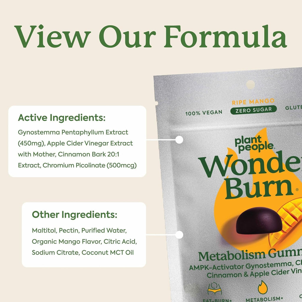 Plant People Wonderburn Metabolism & Cravings Control Gummies, Zero Sugar, Ripe Mango Flavor (60 Count)