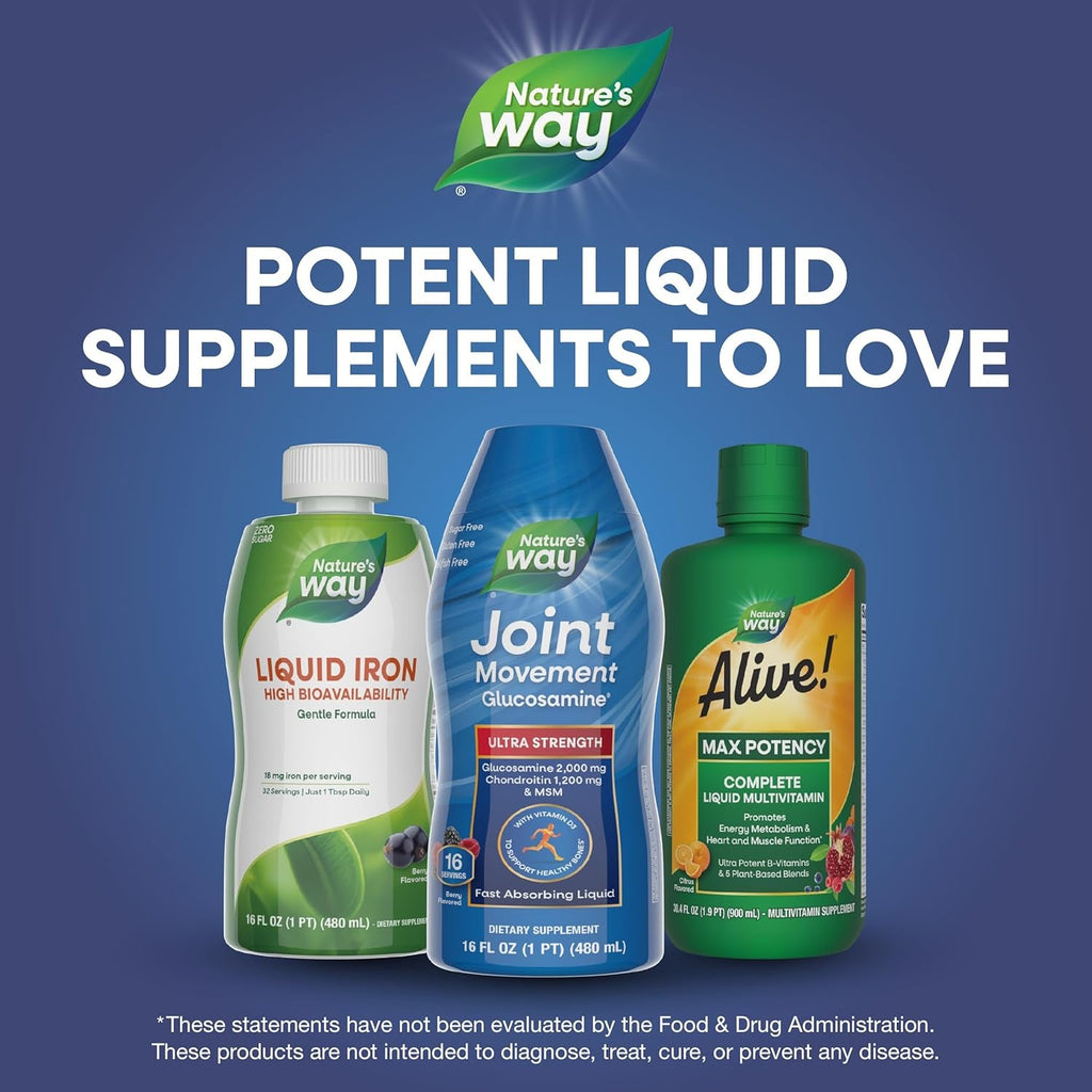 Nature'S Way Ultra-Strength Joint Movement Glucosamine Liquid, Glucosamine, Chondroitin, MSM with Vitamin D3 & Hyaluronic Acid, Fast-Absorbing Liquid, Joint Support Supplement*, Berry Flavored, 16 Oz