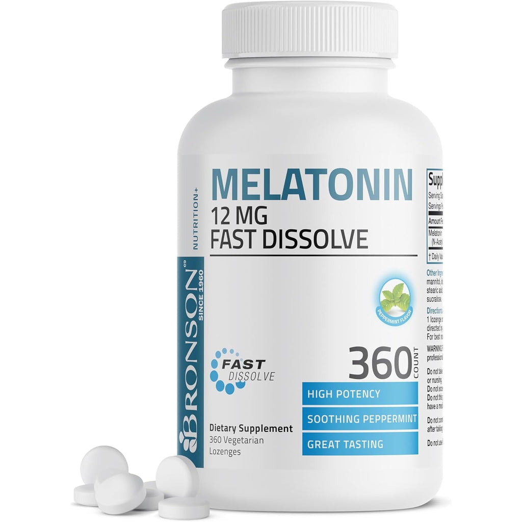 Bronson Melatonin 12Mg Fast Dissolve Nighttime Sleep Aid Support & Relaxation Support, 360 Peppermint Vegetarian Lozenges