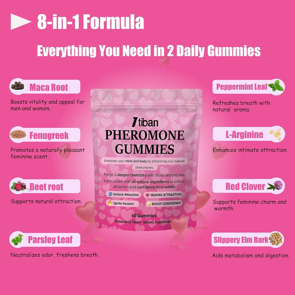 Pheromone Gummies for Her, Women Slippery Elm, Enhance Charm, Supports Balance, Confidence & Social Vibe, Vegan, Non-Gmo, Gluten-Free, Strawberry Flavor, 60 Gummies