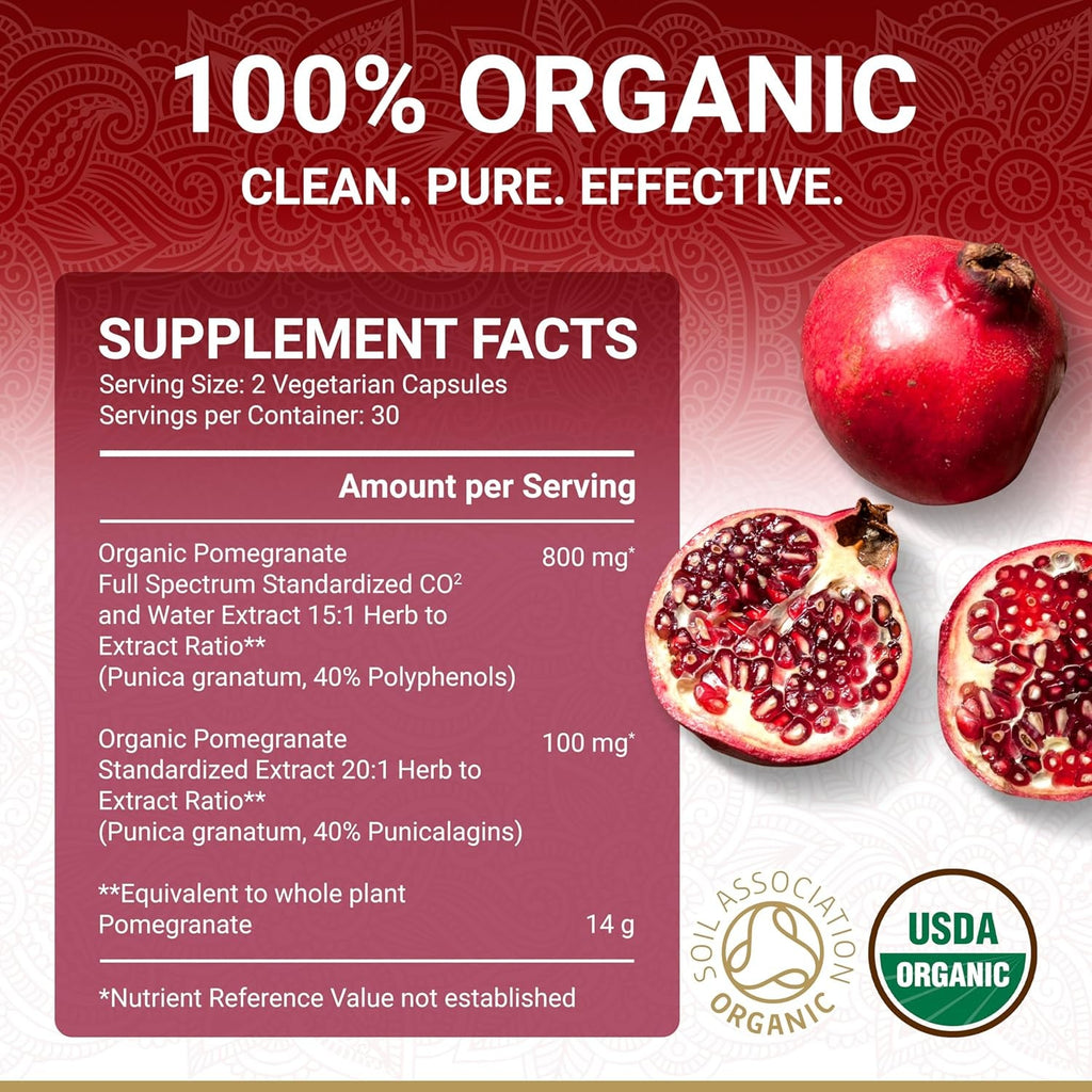 Organic Pomegranate Extract Supplement | USDA Certified Pomegranate Powder from Fruit | Natural Ellagic Acid & Punicalagins | 60 Vegan Capsules