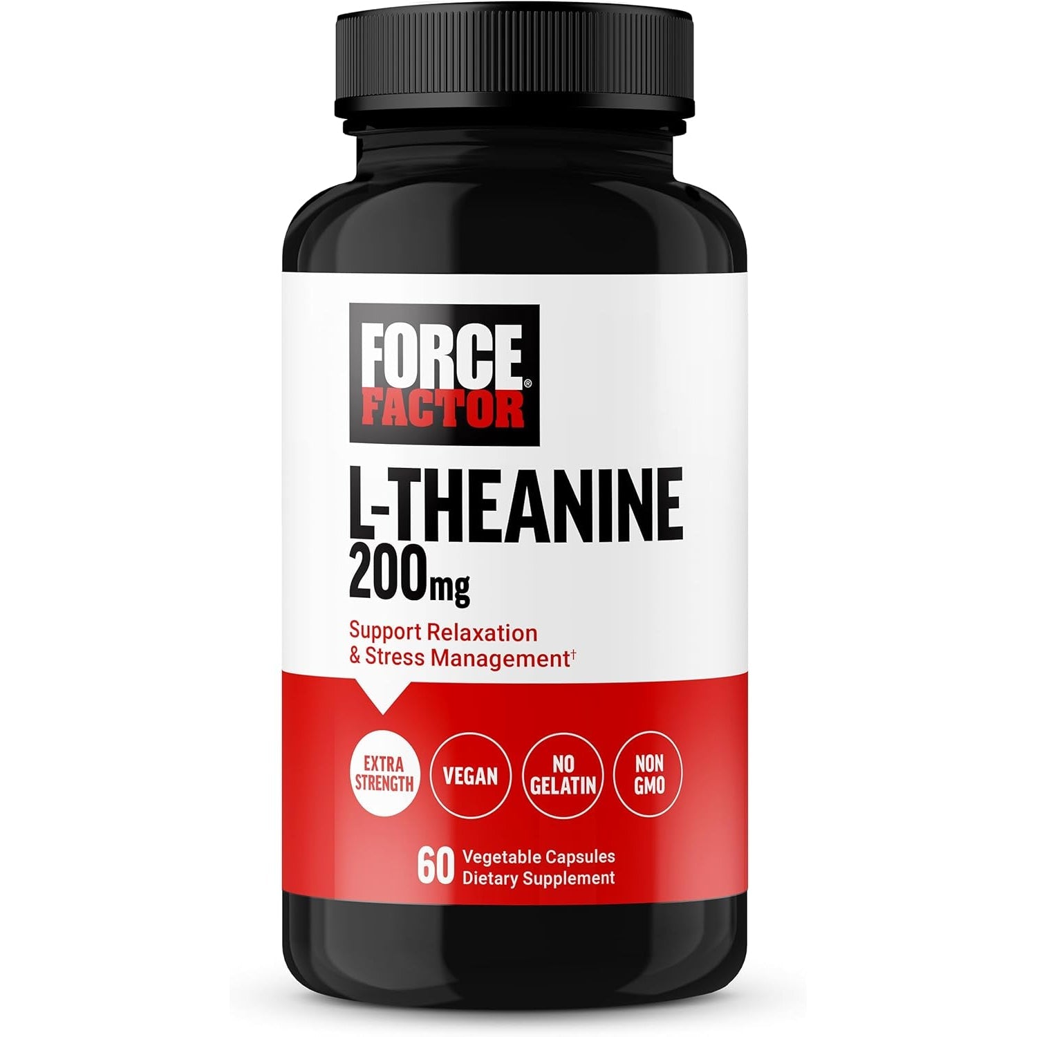Force Factor L Theanine 200Mg, Extra Strength L-Theanine Supplement for Stress Relief, and Supporting Calm and Relaxation, Vegan, Non-Gmo, No Gelatin, 60 Vegetable Capsules