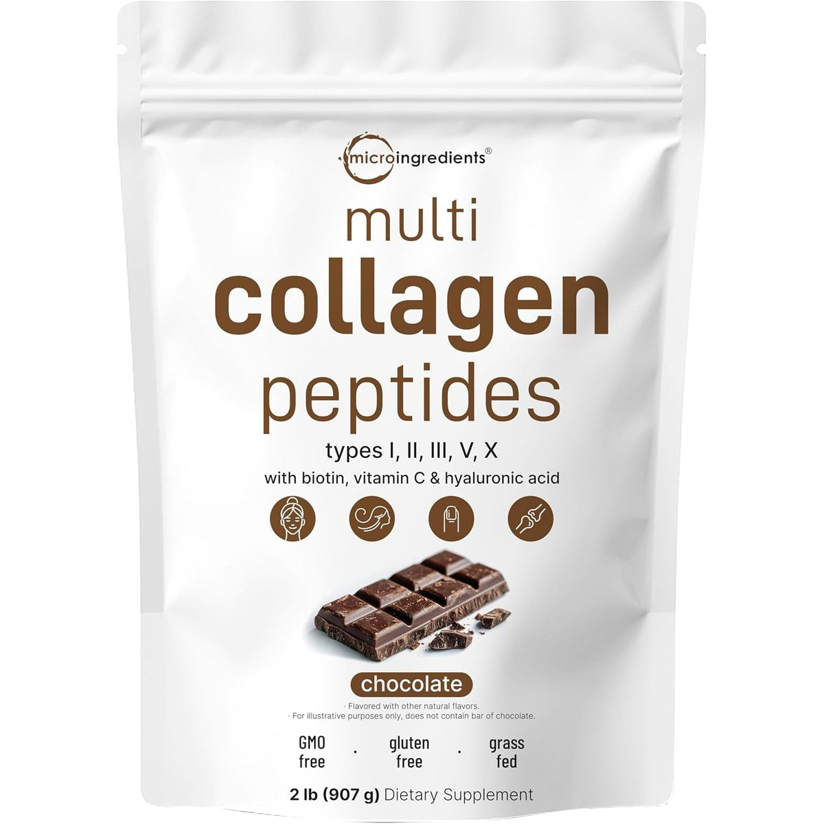 Micro Ingredients Multi Collagen Peptides Powder, 2Lb | Type I, II, III, V, X + Biotin, Vitamin C & Hyaluronic Acid | Chocolate Flavor | Supports Hair, Skin & Joint Health | Keto, Non-Gmo