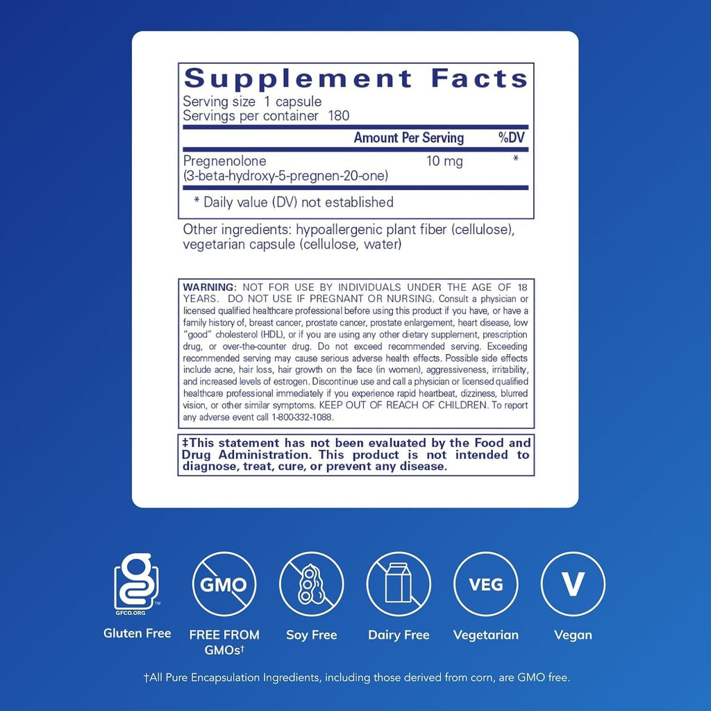 Pure Encapsulations Pregnenolone 10 Mg - Support Memory & Hormone Balance* - Hormone Precursor - Gluten Free & Non-Gmo - 180 Capsules