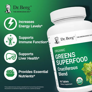 Dr. Berg'S Greens Superfood Cruciferous Vegetable Tablets - Vegetable Supplements for Adults W/ 11 Phytonutrient Super Greens - Energy, Immune System & Liver Veggie Tablets - 90 Tablet