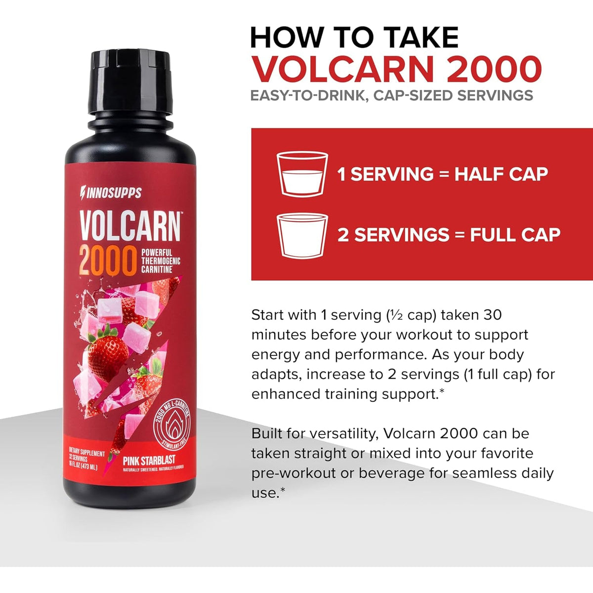 Innosupps Volcarn 2000 - L-CARNITINE Pre-Workout Advanced Energy Liquid ATP Enhancer W/Gbeec Boosts Energy, Enhances Focus, Cognition & Supports Fat Metabolism, 32 Servings - Pink Starblast Flavor