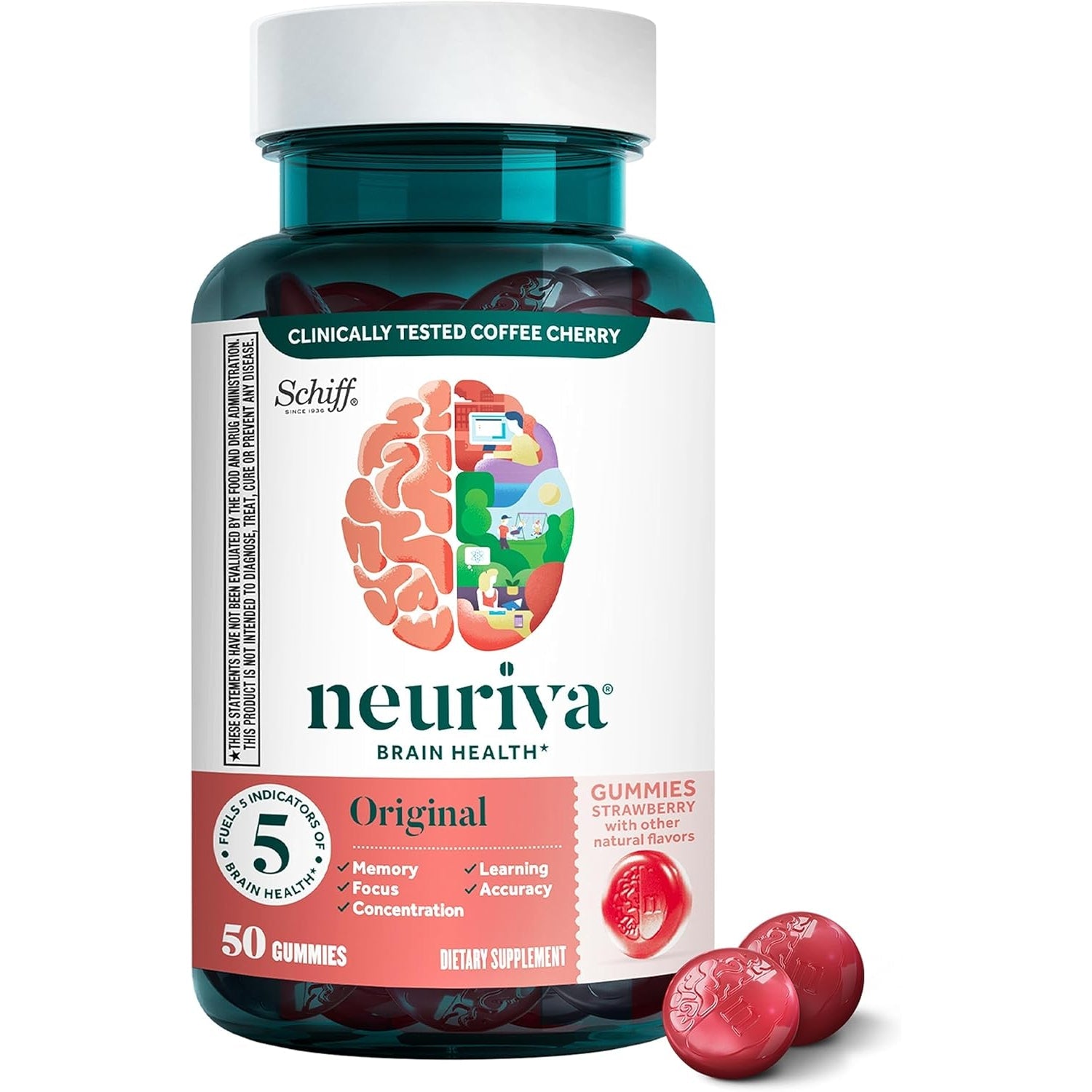 NEURIVA Original Brain Supplements for Memory and Focus, Clinically Tested Nootropics Phosphatidylserine and Neurofactor, Caffeine Free, 50Ct Strawberry Gummies
