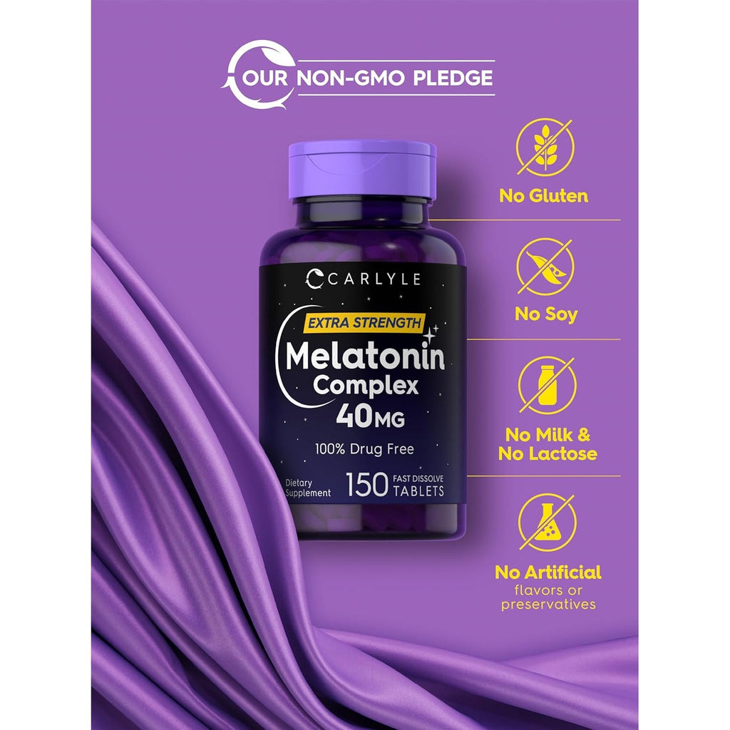 Carlyle Melatonin 40Mg Complex | 150 Fast Dissolve Tablets | Extra Strength Support | with Ashwagandha and Chamomile | Vegetarian, Non-Gmo, Gluten Free Supplement