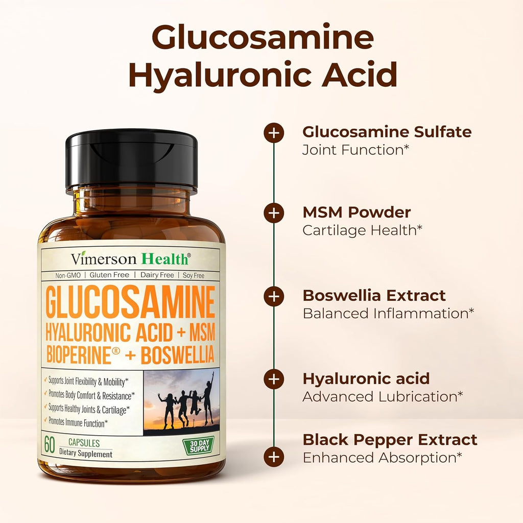 Joint Support Supplement with Glucosamine Sulfate, Hyaluronic Acid, Boswellia & MSM – Supports Joint Health, Mobility & Bone Strength – for Daily Use – FSA Eligible 60 Capsules