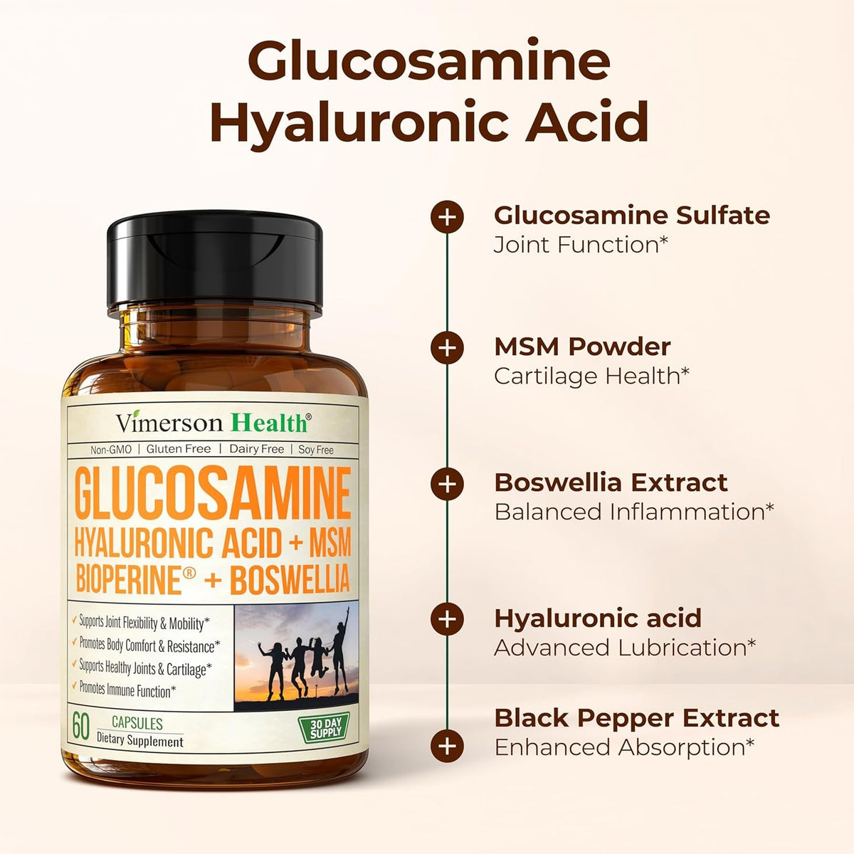 Joint Support Supplement with Glucosamine Sulfate, Hyaluronic Acid, Boswellia & MSM – Supports Joint Health, Mobility & Bone Strength – for Daily Use – FSA Eligible 60 Capsules